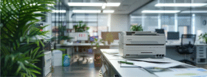 Modern office with multifunction printer, representing traditional hardware replaced by advanced faxing software solutions.