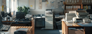 Traditional office setup filled with fax machines and printers, highlighting the need for modern faxing software.